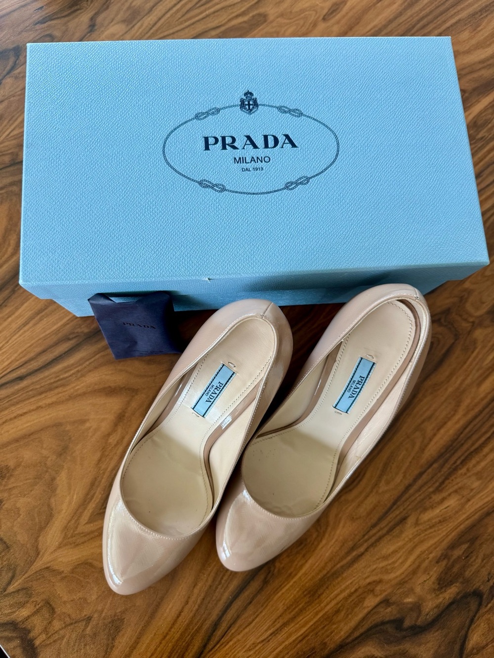 Prada Cameo Nude Patent Leather Pumps Heels Size 39